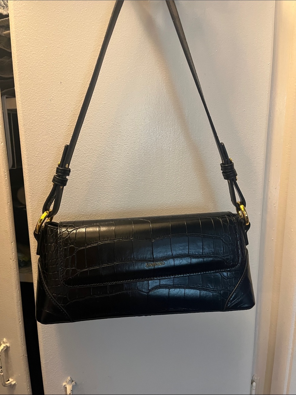 Black Croc-Embossed Shoulder Bag with Gold Hardware